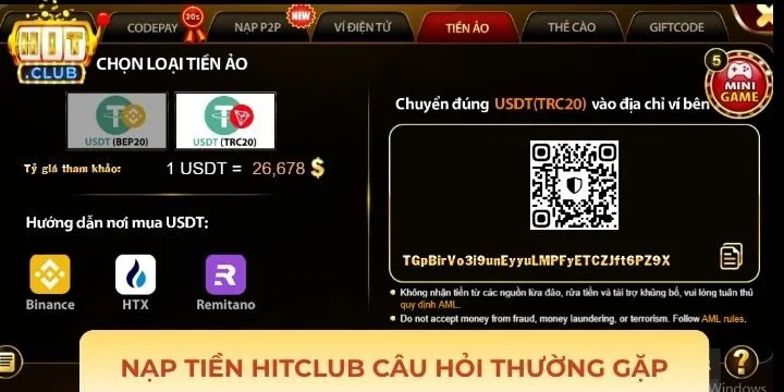 Câu hỏi liên quan đến thủ tục nạp tiền Hitclub cần nắm
