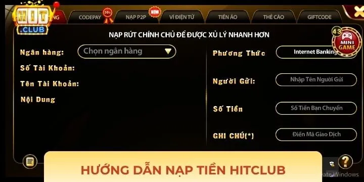 Nạp tiền Hitclub với các bước siêu đơn giản và nhanh chóng