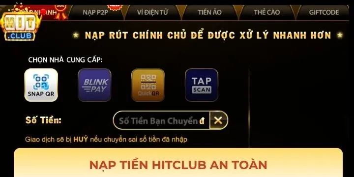 Nạp tiền Hitclub với nhiều phương thức